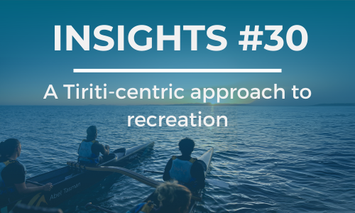 A double-hulled kayak heads out to sea. The text overlay reads 'INSIGHTS #30' at the top and 'A Tiriti-centric approach to recreation' below it, in white font against a blue background.