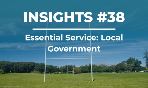 A rugby field with blue overlay. Copy reads Insights 38: Essential Service Local Government