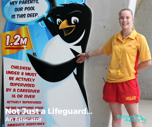 life guard next to a banner poster