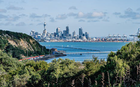 An aerial view of Auckland across the harbour towards the city