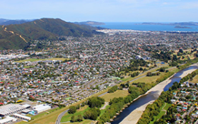 An aerial view of Hutt City looking towards Petone 