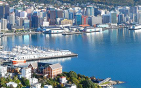 An aerial view of Wellington City and its harbour