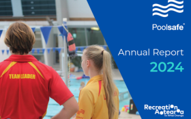 Two lifeguards stand looking into a pool. Copy reads Poolsafe Annual Report 2024