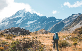 A man walks up a path, which leads to a mountain in the background. He is wearing a backpack suggesting he is tramping