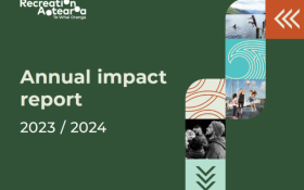 A green cover page of a report with some decorative designs and the copy Annual Impact Report 2023 / 2024