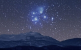 The night sky with mountains below, the Matariki star cluster is showing