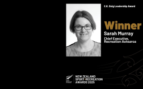 A photo of Sarah Murray with the copy C.K Doig Leadership Award, Winner: Sarah Murray, Chief Executive Recreation Aotearoa, NZ Sport and Recreation Awards on a black background