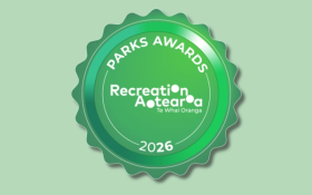 A green button on a light green background that says Parks Awards 2026, Recreation Aotearoa